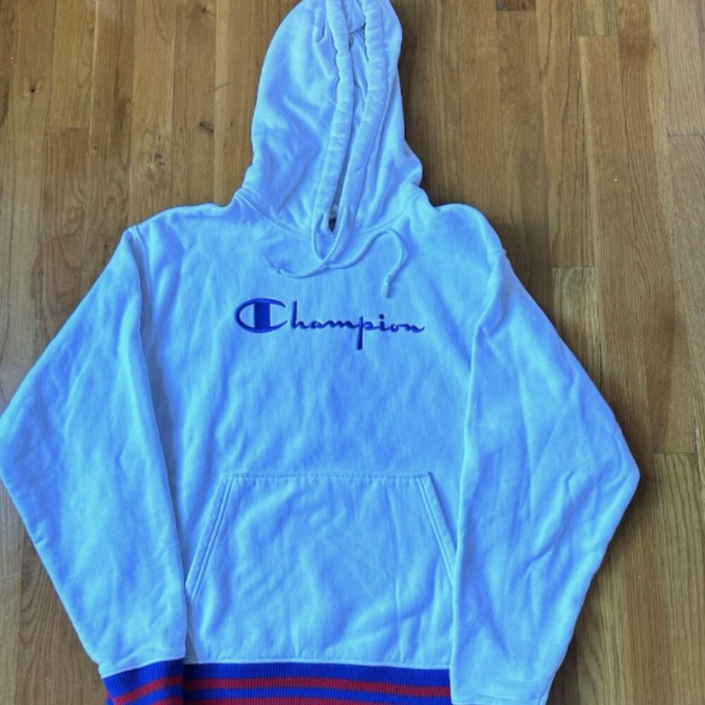 CHAMPION REVERSE WEAVE WHITE HOODIE SWEATSHIRT RED BLUE TRIM SIZE LARGE SPELLOUT
